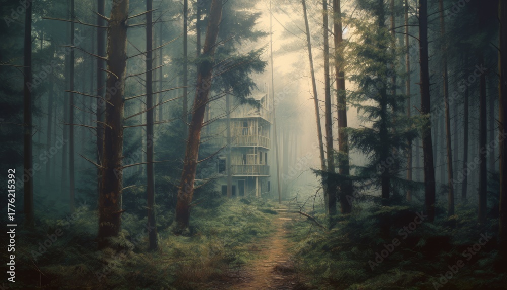 Obraz premium Building inspection, Forest in the mystic morning