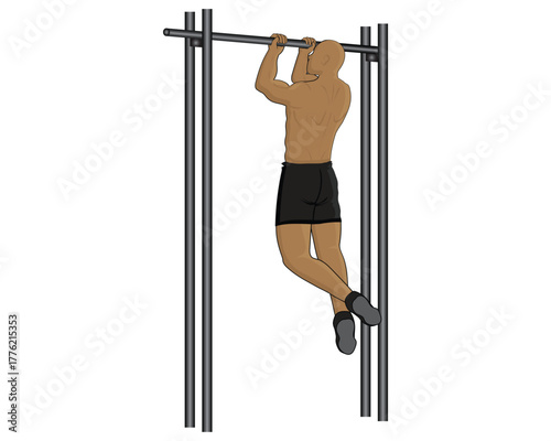 vector illustration of a man doing a chin up exercise using a black and grey iron tool where both hands hold onto the iron pole to pull his body up