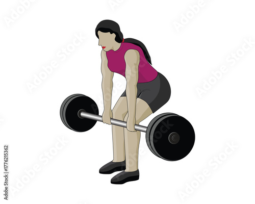 Vector illustration design of a woman exercising by lifting weights or what is usually called a deadlift using a tool called a barbell.