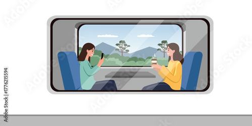 Scenic train journey with two women enjoying the view and their devices. Two women enjoy a train journey, sitting opposite each other by a window.
