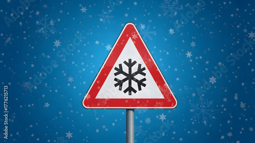 Winter-themed road sign warning against snow conditions transportation safety and cold season travel concept