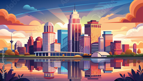 Very beautiful spring sunrise cityscape of downtown Louisville, Kentucky, USA, with the skyline reflecting gracefully on the calm waters of the Ohio River, creating a tranquil morning scene.