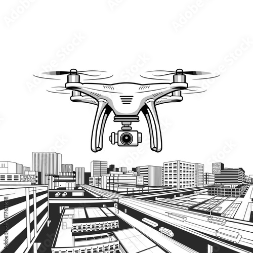 Black and white drone flying over city with camera – Perfect for technology, aerial photography, or urban innovation visuals