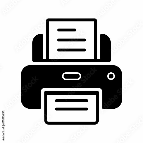 Black and white printer with paper output – Great for document design, technology concept, or office illustration