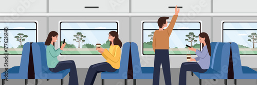 Commuters traveling by train. Illustration of commuters inside a train. Train passenger economic class.
