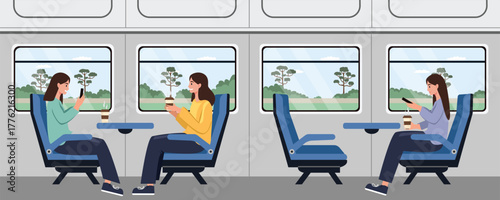 Women on a Train Journey with Scenic Countryside Views. A modern travel experience with emphasis on comfort and leisure.