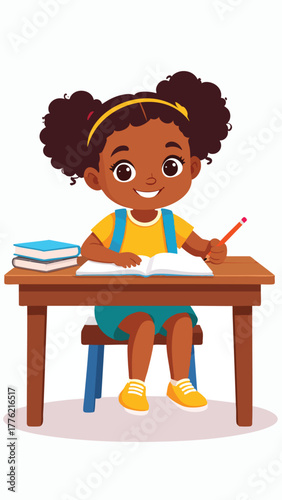 A young girl with dark hair sits at a desk, writing in a book with a pencil.