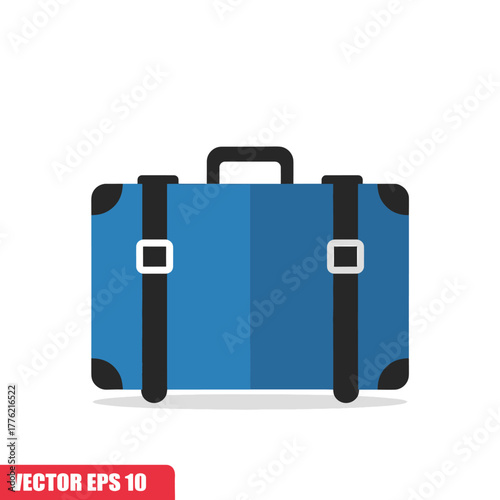 A blue suitcase with a black handle, black corner protectors, and black straps with white buckles, presented in a flat vector style.