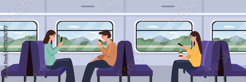 Passengers on a Train Engaged with Smartphones. Passenger sit by the window train. Public services. Public transportation.