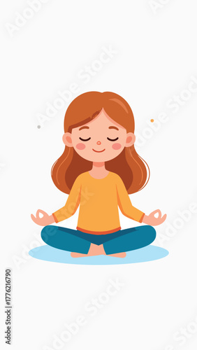Cartoon woman meditating in lotus position with closed eyes, wearing a yellow shirt and blue pants.