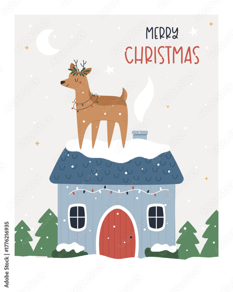 Naklejka premium Cute Christmas Reindeer on House Roof, Cozy Winter Holiday Illustration with Snow and Scandinavian Style