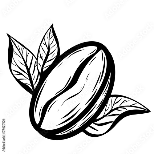 Vector line art of a single coffee bean with leaves in minimalist style. Perfect icon for cafe logo, menu, product packaging, and branding design.