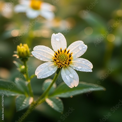 Delicate White Flower with Dew Drops in Natural Light.