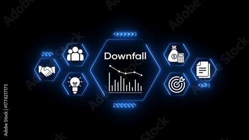 Photography Business downfall concept with declining graph and icons for teamwork money and