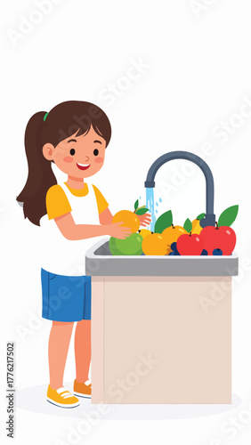 A young girl washes fruits and vegetables in a kitchen sink under running water.
