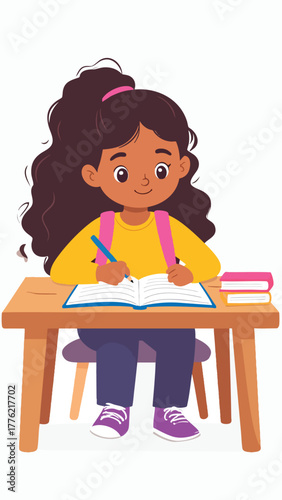 A young girl with dark hair is sitting at a desk and writing in a book. She has a pink backpack and books.