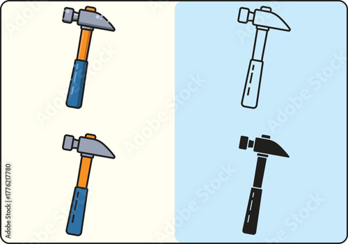 Cartoon hammer vector illustration in flat style. Includes color, outline, and solid versions. Perfect for construction, repair, tool, and DIY themed designs or icon collections.
