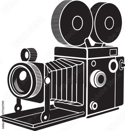 Vintage Twin-Lens Reflex Camera with Film Reels - Black and White Vector Illustration