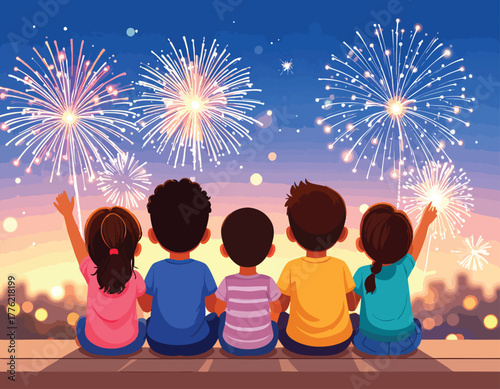 Five children sit and watch fireworks bursting in the sky, celebrating a festive occasion.