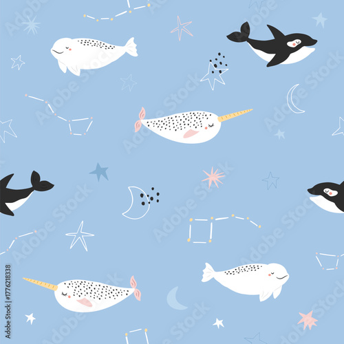 Cute Arctic Whales Seamless Pattern. Adorable Narwhal, Beluga, and Orca Kids Background.