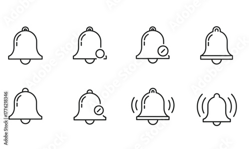 Collection of outline notification bell icons showing various states like active, silent, new, and snooze alerts.