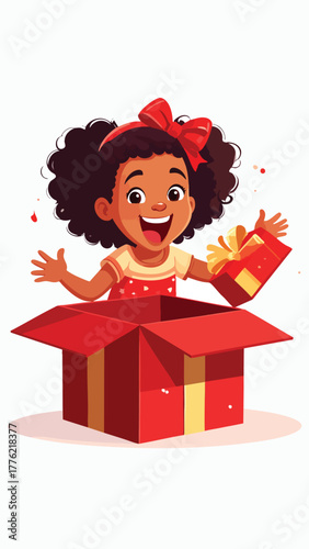 A joyful cartoon girl with curly hair opens a red gift box with a yellow ribbon, expressing excitement.