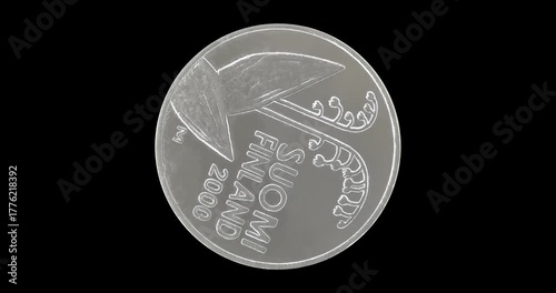Obverse of Finland coin 10 penni 2000, isolated in black background. Loopable animation in 4k resolution video