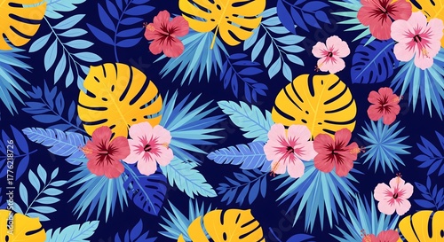 Vibrant tropical pattern design featuring bright hibiscus flowers and bold monstera leaves on a dark blue background for eye-catching designs