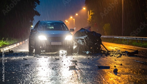 Nighttime car crash scene with debris on wet road under emergency lights.