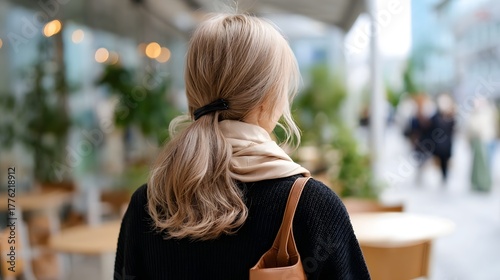 Rear view of a woman with a stylish blonde wavy ponytail and a beige scarf walking past a blurred outdoor cafe terrace with bokeh lights
