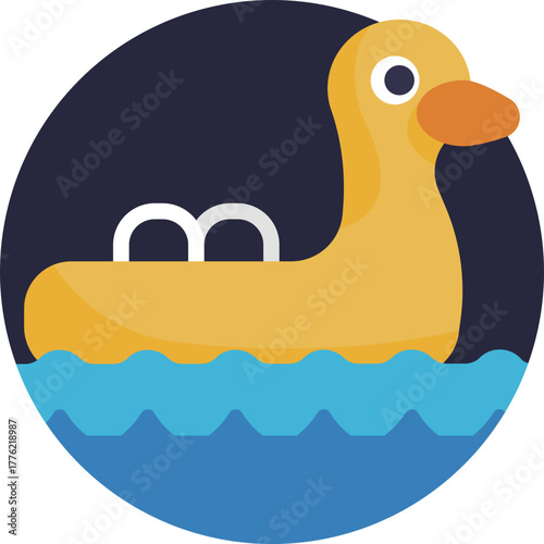 A yellow duck-shaped inflatable ring for floating in water.
