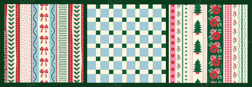 Christmas Seamless Pattern Set of Festive Stripes, Bows, Floral and Check Design in Blue Green and white. Perfect for wrapping paper, textiles, banners, backdrop, and holiday decor.