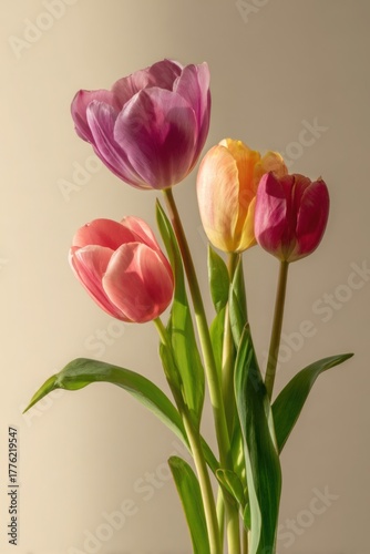 Colorful spring tulips against set against a soft beige textured backdrop.