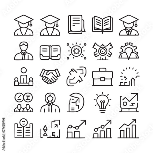 Collection of business and education icons with graduation caps books and graphs