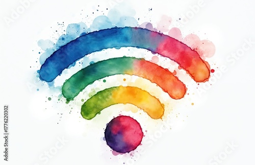 Vibrant watercolor wifi icon on white. Digital connection symbol in rainbow colors. Artistic wi-fi logo for tech products. Wireless internet access point for graphic design projects presentation.
