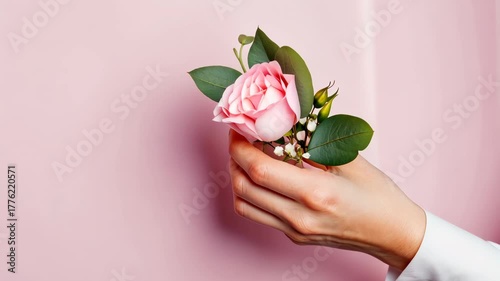 Delicate hand holding pink rose against pastel wall capturing elegance and simplicity