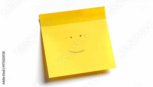 Yellow sticky note with hand-drawn smiley face on white background.