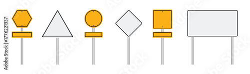 Set of yellow road sign. Empty traffic signs. Directional signs. Realistic style. Vector graphics. Highway attention road sign collection.