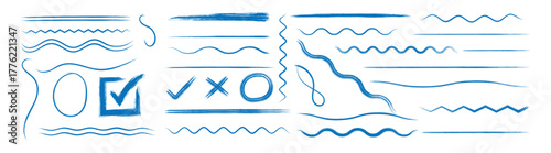 Hand drawn pencil Arts, blue scribbles and circle boxes. Hand drawn blue highlights, underlines crayon elements. Doodle curved chalk darts. Set of scribble lines. Vector illustration. 