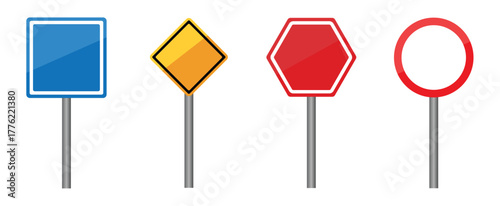 Set of colors road traffic signs: rectangle, circle, template for warning message, direction guide, street signboard. Highway attention roadsign collection.