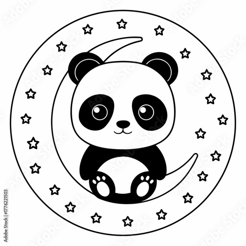 Panda in Celestial Embrace: A charming panda cub sits serenely on a crescent moon, surrounded by twinkling stars. A design of tranquility and peacefulness, perfectly for the starry sky lover.