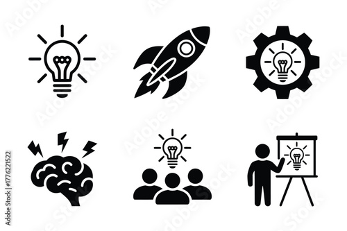 Set of business and startup icons idea, rocket, gear, brain, team, presentation