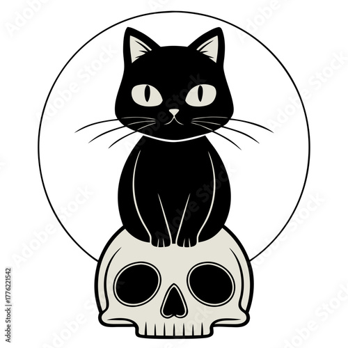 Mystical Black Cat: A stylized, enigmatic black cat perched atop a skull. This illustration exudes a sense of mystery and whimsy, perfect for conveying a touch of Halloween spirit.