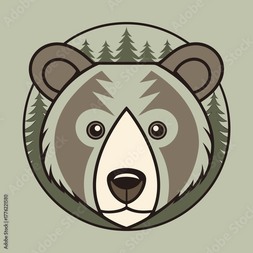 Stylized Bear Portrait in Nature's Embrace: A meticulously crafted illustration of a bear's face, its features framed by a circle and an artful backdrop of evergreen trees.