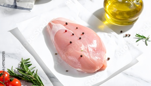 Fototapeta Naklejka Na Ścianę i Meble -  Raw turkey breast with light pink hue and juicy surface.