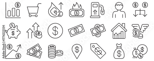 Navigate economic trends with this financial icons collection, ideal for visualizing investment gains, inflation impacts, and cost savings strategies