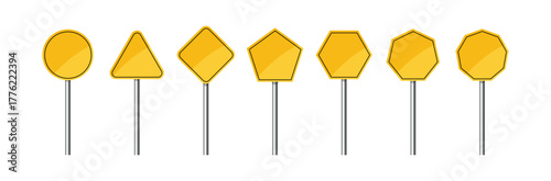 Set of yellow road traffic signs: rectangle, circle, template for warning message, direction guide, street signboard. Highway attention roadsign collection.