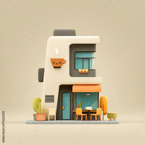 3D render of a tiny minimalist coffee shop isolated on a veige background