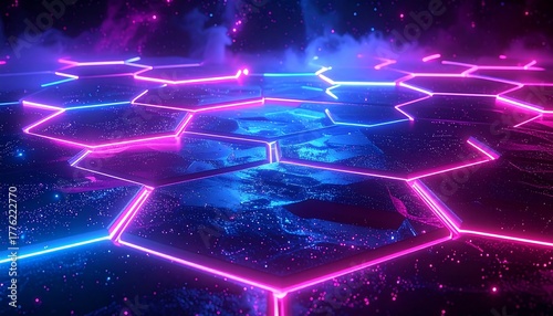 Glowing hexagon tiles form futuristic platform above a textured blue surface, lit by pink/blue neon and starry effects