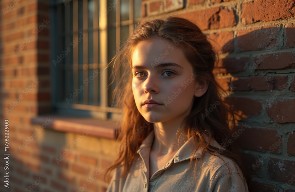 Naklejka premium Pensive teenage girl stands near brick wall in warm evening sunlight. Young woman has thoughtful, serious face. Calm female student portrait with introspective mood, looking at camera outdoors.